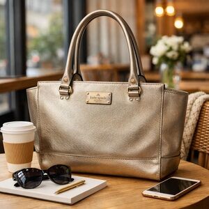 Kate Spade New York Metallic Gold Leather Tote Handbag Shoulder Bag
